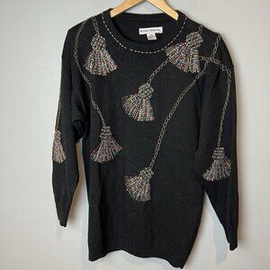 Vintage Victoria Harbour Women's Sweater Black Sz MED Beaded Tassels Long Sleeve